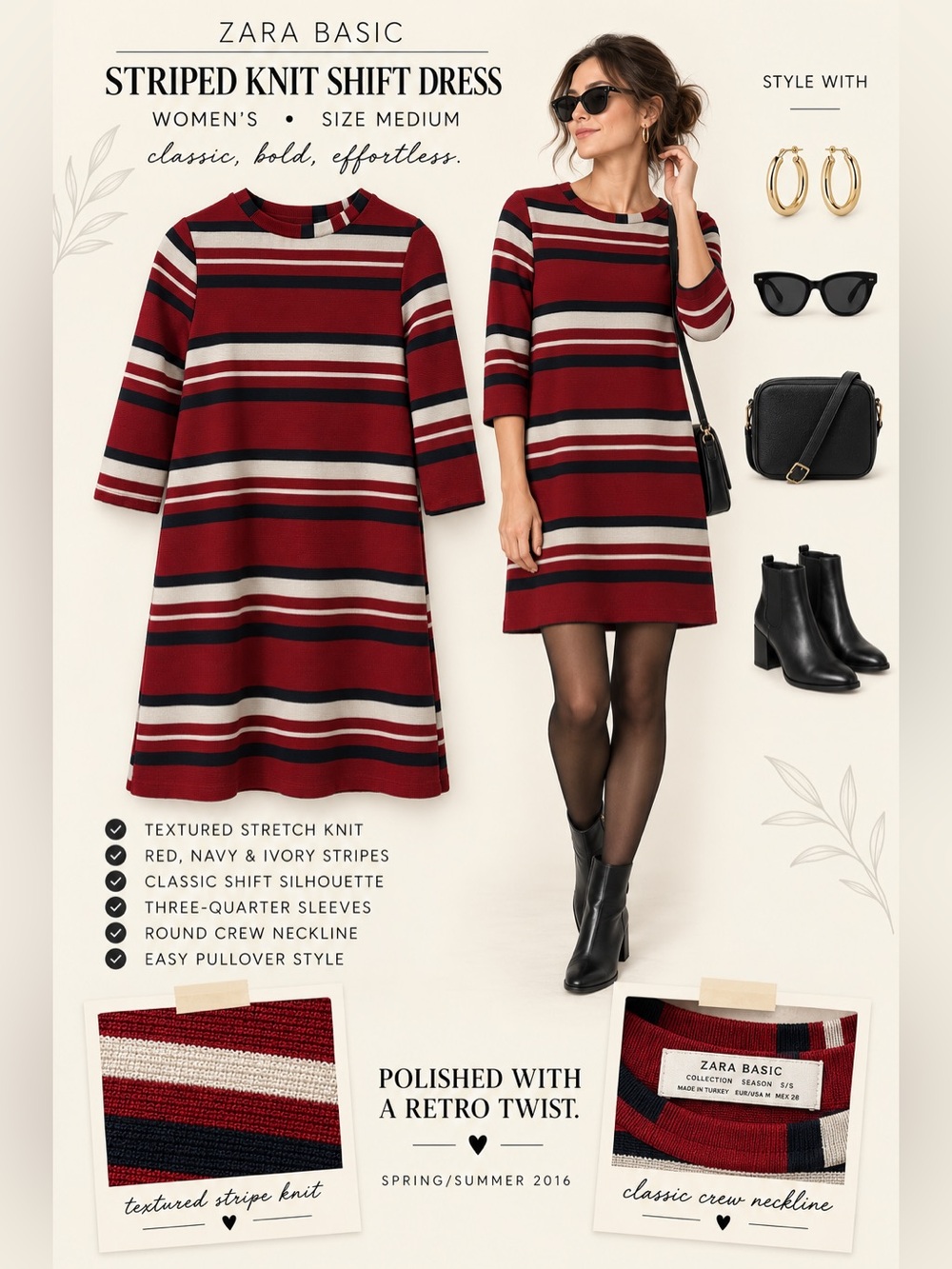2016 Zara Red, Navy & Ivory Striped Knit Shift Dress - medium